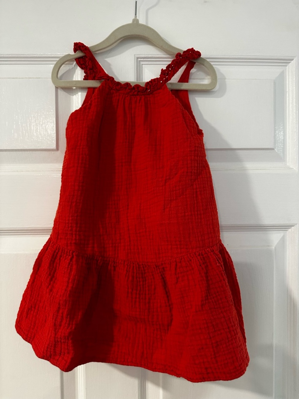 Zara Bright Red Sleeveless Cotton Ruffle-Strap Dress